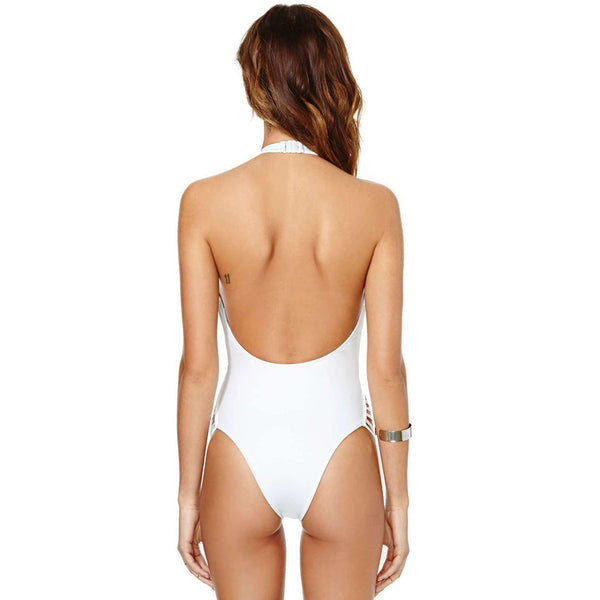 White Halter Neck Backless Bikini - waistshaper