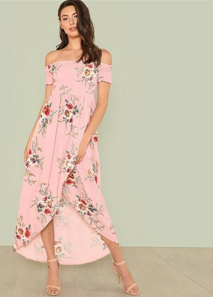 SHEIN Off Shoulder Floral Overlap Dress 2018 Summer Short Sleeve Flower Print Asymmetrical Dress Woman Vacation Maxi Dress - waistshaper
