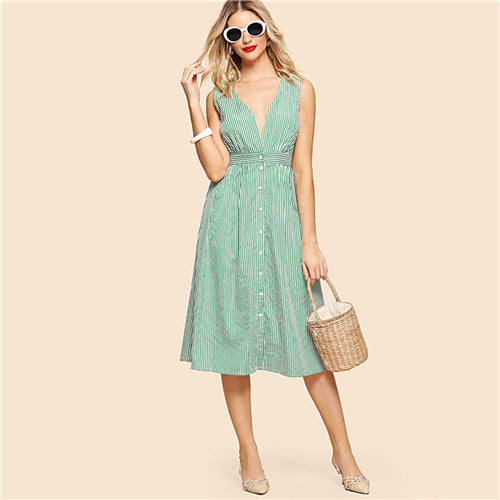 SHEIN Green Striped Sleeveless V-Neck Ladies Vintage Dresses 2018 Summer Weekend Casual Preppy A Line Pinstriped Button Dress - waistshaper