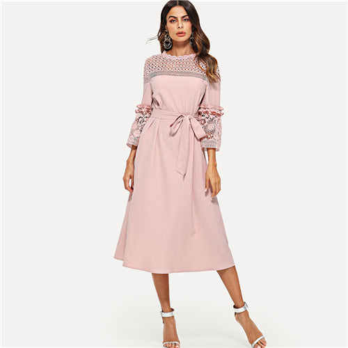 Pink 3/4 Sleeve Ruffle Straight Tunic Dresses Women Autumn Elegant Dress - waistshaper
